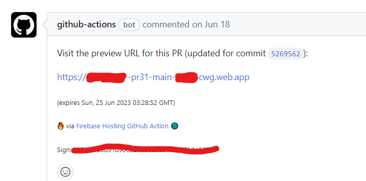 Firebase PR deployments Github Action adding a comment to my PR with a deployed version of the code change for testing