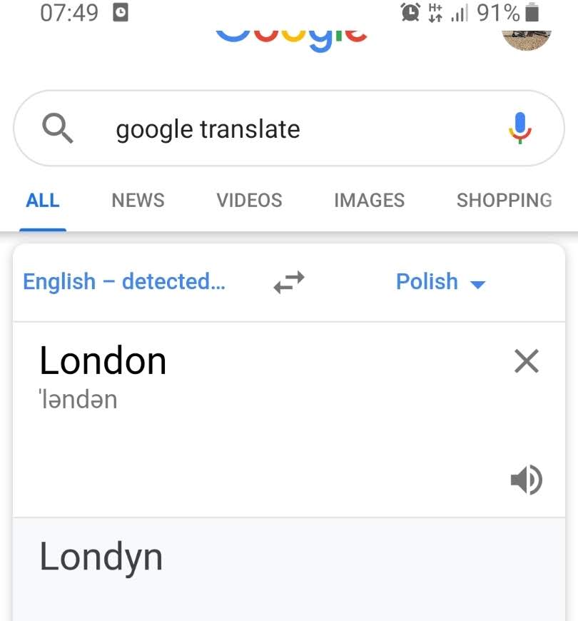 Google translate page showing London in English and the translation in Polish, Londyn